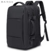 Carry On Backpack in black with expandable design, side compression buckles, reinforced top handle, and multi-zipper compartments.