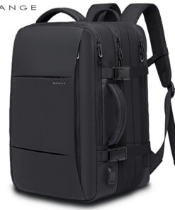 Carry On Backpack in black with expandable design, side compression buckles, reinforced top handle, and multi-zipper compartments.