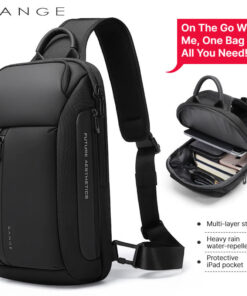BANGE **Multi-Pocket Sling Bag** showcasing its multi-layer storage, water-repellent feature, and protective iPad pocket
