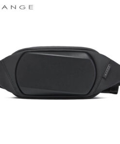 A front view of the black BANGE Designer Waist Pack, showcasing its geometric hardshell design.
