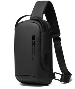 The black BANGE Tech Sling Bag with its external USB port, shown on a white background.