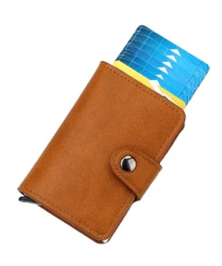 Étui à cartes RFID en cuir véritable avec fonction pop-up.