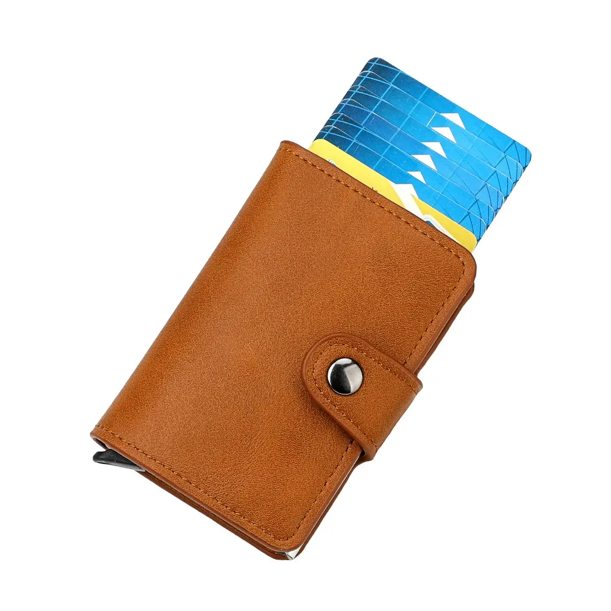 RFID Genuine Leather Card Case" tan with pop-up function.