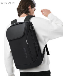 Black BANGE 5-7 Day Travel Backpack worn on the back, modern travel laptop backpack with clean urban style
