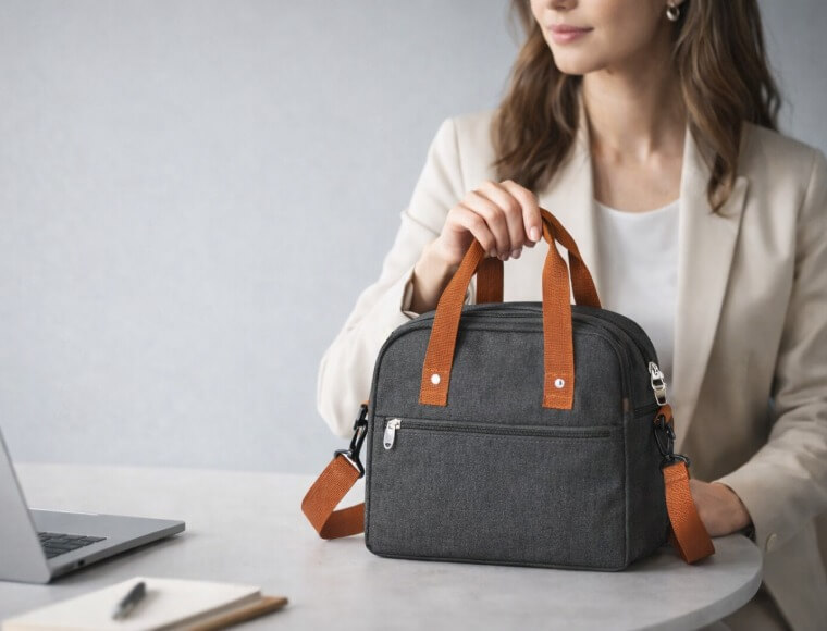 A professional woman with an insulated lunch bag in the office