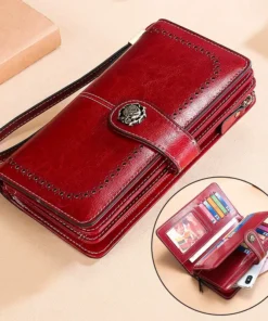 RFID Genuine Leather Wallet in red with strap and zip compartments