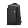 Commuter Backpack in classic black, slim minimalist design with front vertical zipper pocket and side USB charging port.