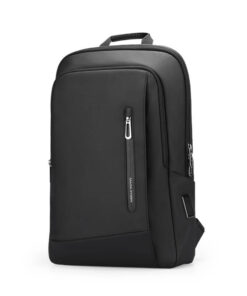 Commuter Backpack in classic black, slim minimalist design with front vertical zipper pocket and side USB charging port.